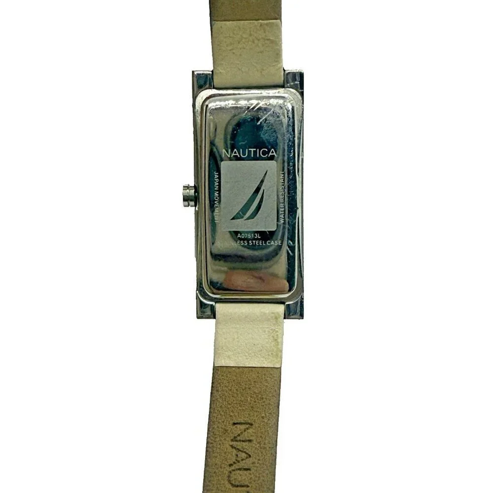 Nautica Women's Watch A07513L Rectangle Slim Beige Leather Band Silver Tone Case